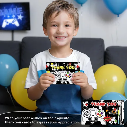 Vista 7 de WERNNSAI Tarjetas de agradecimiento de videojuegos – 24 piezas de decoración de cumpleaños de videojuegos, tarjetas de agradecimiento con sobres