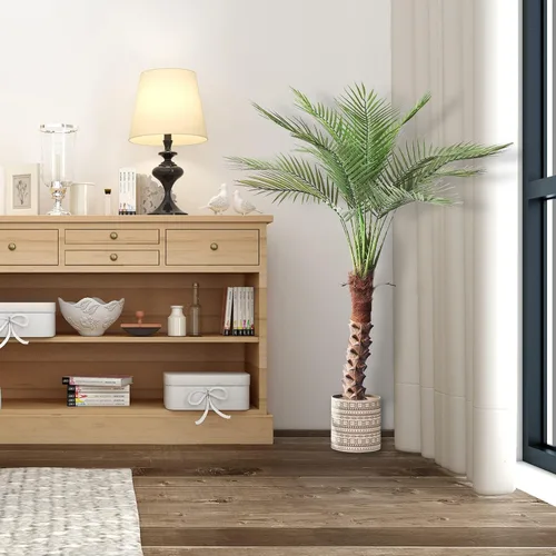 Vista 2 de Palmera artificial de 4.3 pies, planta de palma de sagú falsa grande con 18 hojas de tronco, árbol sintético alto perfecto en maceta para interiores