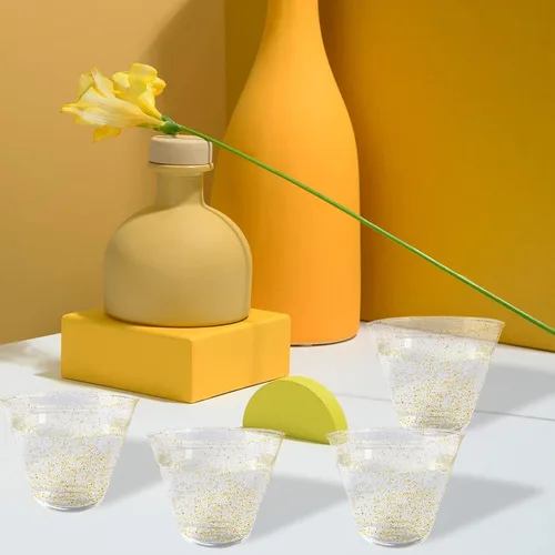 Vista 5 de HKACSTHI 25 vasos de plástico desechables de 9 onzas, copas de vino con purpurina, vasos de plástico transparente, vasos de postre, vasos para beber