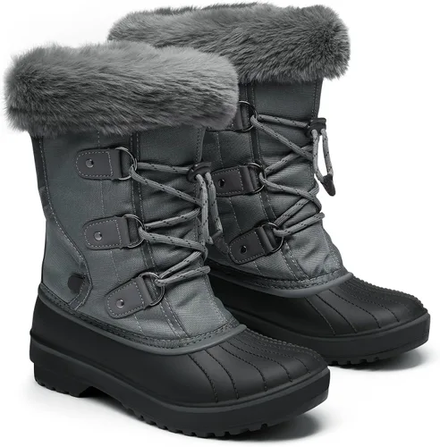 Vista 4 de DREAM PAIRS Botas de nieve de invierno para mujer, con cordones, impermeables, aisladas, botas de pato a media pantorrilla con forro de piel