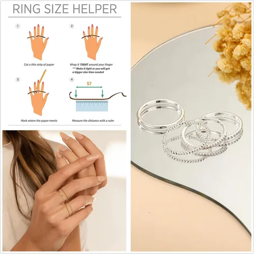 Vista 2 de Anillos apilables de oro y plata para mujer, no se deslustra, 0.051 in, juego de anillos de plata delgados chapados en oro de 14 quilates, delicado