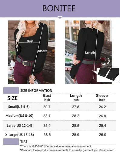 Vista 5 de BONITEE Body de manga larga abombada para mujer, cuello cuadrado, camiseta sin mangas, elástica, ajustada
