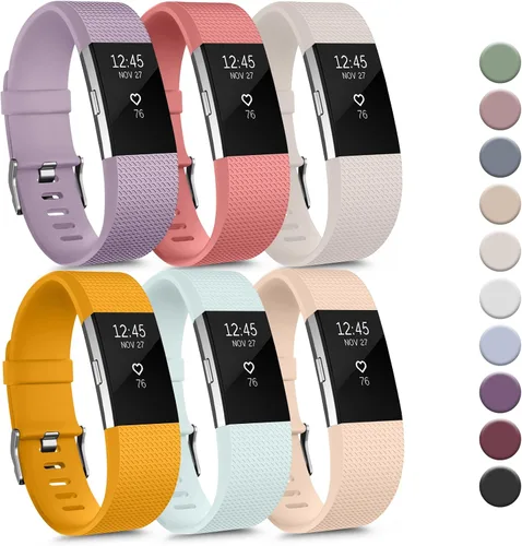 Vista 9 de Tobfit Paquete de 6 correas deportivas compatibles con Fitbit Charge 2 bandas para mujeres y hombres, correas impermeables de silicona suave