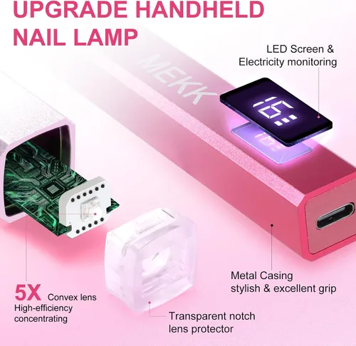 Vista 2 de MEKK Luz UV de mano de metal para uñas de gel, mini lámpara de uñas LED UV inalámbrica con pantalla LED y lámpara de curación flash alimentada por