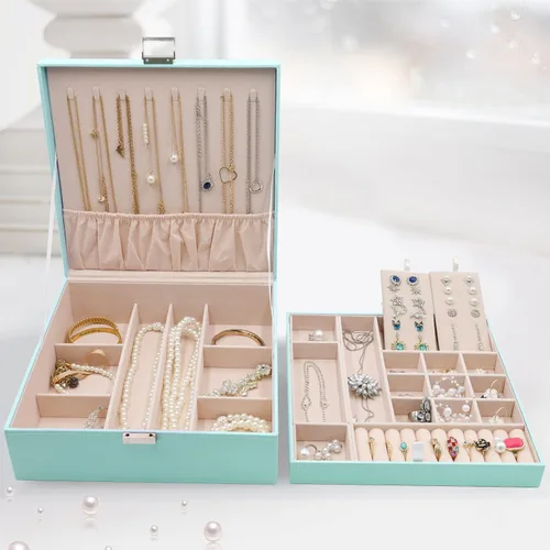 Vista 7 de ProCase - Joyero grande de cuero con dos niveles para organizar aretes, pulseras, anillos, relojes, para mujeres, niñas, regalo ideal para novia