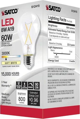 Vista 4 de Satco Bombillas LED transparentes A19 de 8 W, base media, 3000 K, blanco suave, 120 voltios (paquete de 6)