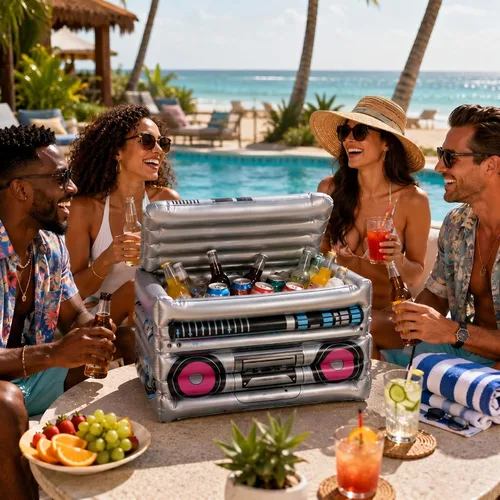 Vista 5 de Cunhill 1 Pieza Enfriador de Bebidas Inflable Boom Box Decoraciones de Fiesta Temática de Verano de los 80s 90s Enfriador Inflable Radio Boom Box