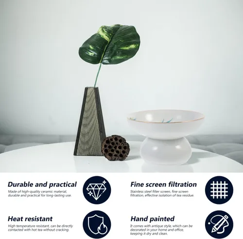 Vista 8 de DOITOOL Colador de filtro de té de cerámica de porcelana con soporte de soporte, juego de utensilios de ceremonia de té chino de Kongfu (estilo 2)