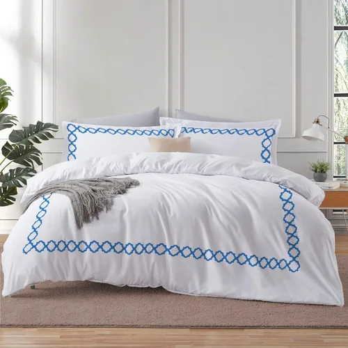 Vista 15 de BedDecor: Enchanted Oasis - Juego de funda de edredón de 3 piezas de 600 hilos de algodón egipcio con bordado de cuadrifolio, ultra suave