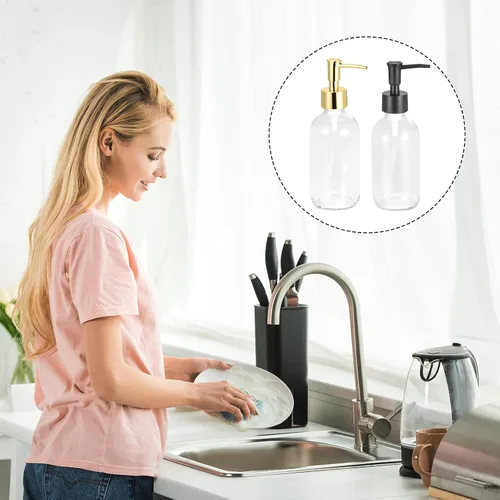 Vista 6 de uxcell Juego de dispensadores de jabón, dispensador de jabón de manos de vidrio de 8.5 onzas con bomba para cocina y baño, 2 unidades transparentes