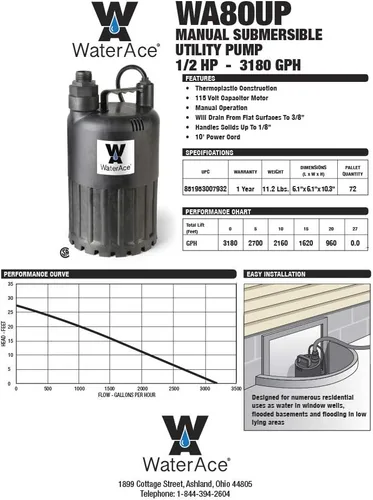 Vista 8 de WaterAce WA80UP - Bomba sumergible utilitaria, 12 HP, color negro