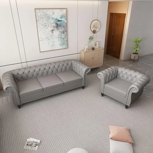 Vista 43 de Juego de 2 piezas para sala de estar, sofá Chesterfield de terciopelo con sofá cama y silla con brazos en espiral y tachuelas para sala de estar