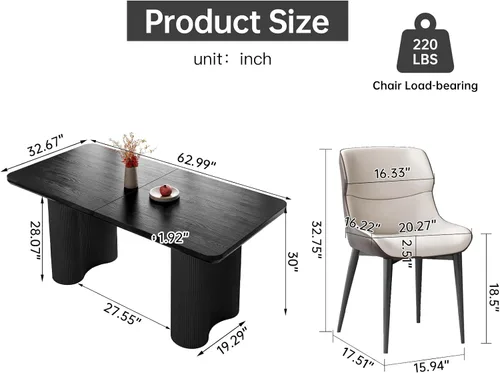 Vista 2 de Mesa de comedor rectangular de 63 pulgadas con 4 sillas, moderna mesa de comedor negra con sillas para sala de estar, comedor y cocina