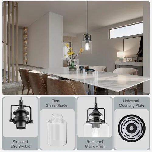Vista 6 de Paquete de 3 Luces Colgantes para Isla de Cocina, Lámpara Colgante Negra Moderna, Luces de Isla de 47 Pulgadas, Cuerda Ajustable, Vidrio