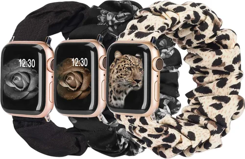 Vista 13 de TOYOUTHS - 3 paquetes compatibles con Apple Watch Band Scrunchies 1.496 in (38 mm) tela suave patrón impreso pulsera de tela para mujer iWatch