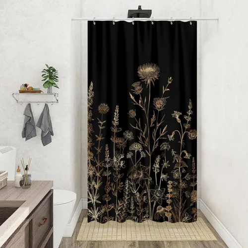 Vista 20 de Cortina de ducha de mariposa floral negra y dorada, cortina de ducha bohemia con diseño botánico de flores oscuras para baño con gancho, juego