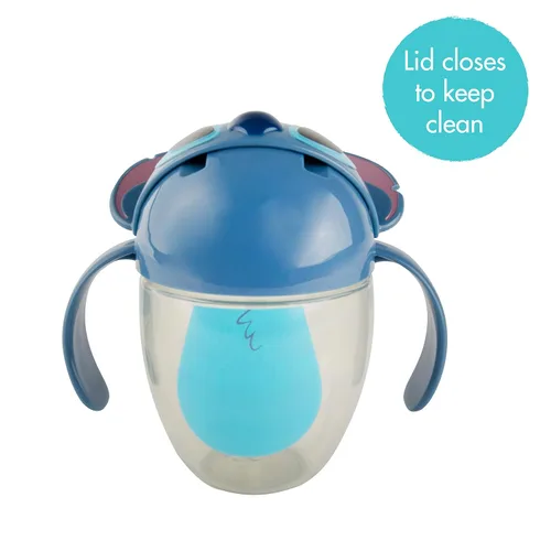 Vista 5 de The First Years Disney Stitch - Vaso con popote con peso, a prueba de derrames, con cubierta superior abatible, vasos de transición para niños