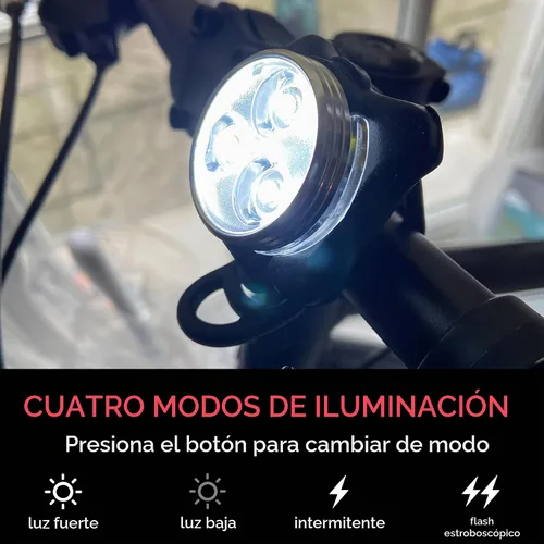 Vista 7 de Juego de 4 luces de bicicleta recargables por USB, impermeables, faros delanteros y traseros LED y luces traseras para bicicleta de montaña, 4 modos
