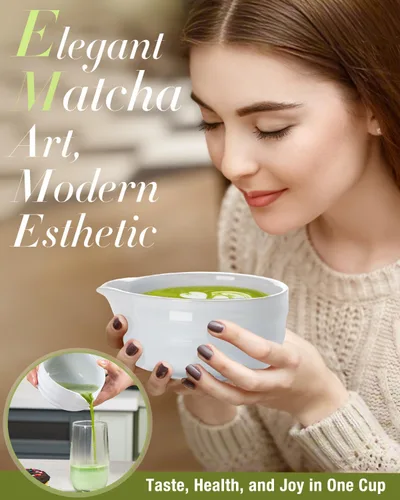 Vista 7 de Juego de batidor de matcha blanco – Juego de 5 piezas incluye chawan de 17 onzas con boquilla, batidor de bambú Chasen con soporte de cerámica