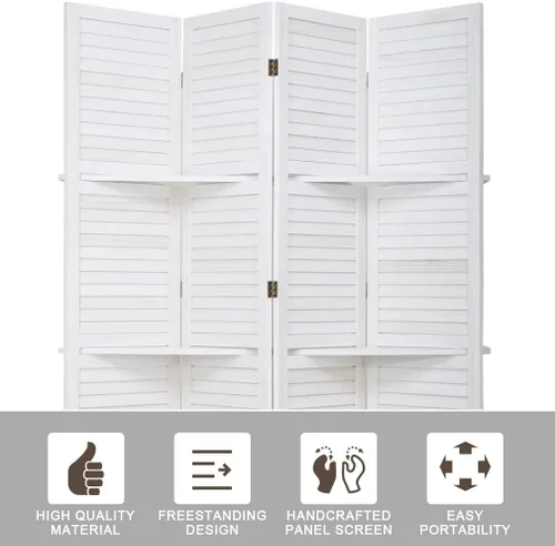 Vista 2 de Divisor de habitación de pared plegable de madera, pantalla plegable de 4 paneles con tres estantes inteligentes, divisor tejido a mano de malla