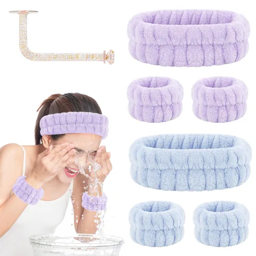 Vista 9 de CERETIA Juego de lavado facial – diadema, pulseras con soporte, toallas de muñeca de spa absorbentes de microfibra