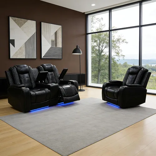Vista 48 de Sofá reclinable individual eléctrico para muebles de sala de estar, silla reclinable de cuero con luces LED, puertos USB, almacenamiento oculto