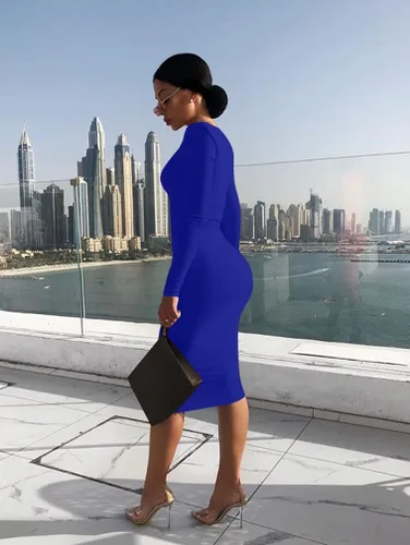 Vista 6 de XXTAXN - Vestido sexi ceñido al cuerpo para mujer, vestido midi tipo lápiz de manga larga y cuello redondo para trabajo y oficina