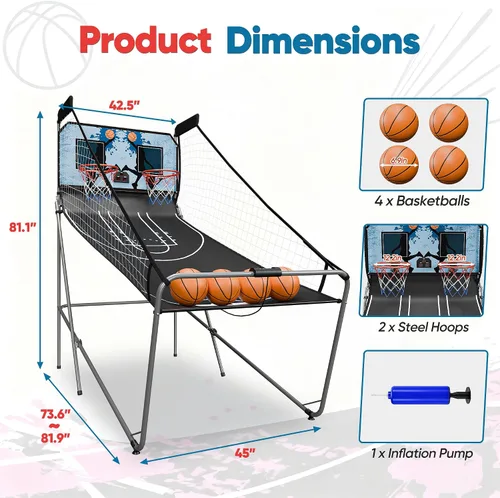 Vista 5 de Nova Microdermabrasion Juego de arcade de baloncesto plegable para interior, tiro doble, 2 jugadores con 4 bolas, marcador electrónico y bomba