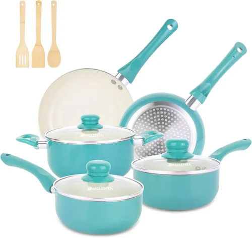 Vista 8 de M MELENTA Juego de ollas y sartenes antiadherentes, juego de utensilios de cocina de cerámica rosa, utensilios de cocina de inducción de 11 piezas