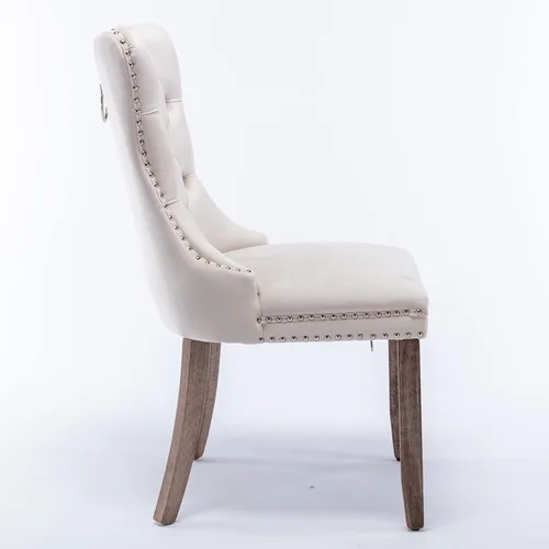 Vista 7 de Juego de 2 sillas de comedor con respaldo de ala de terciopelo copetudo, sillas laterales tapizadas, patas de madera maciza (beige)
