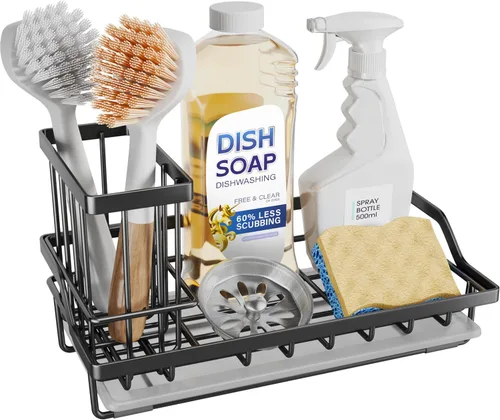 Vista 11 de SWTYMIKI Organizador de Fregadero para Esponja - Organizador de Cocina con Soporte de Cepillo Alto para Encimera para Mantener Jabones y Esponjas
