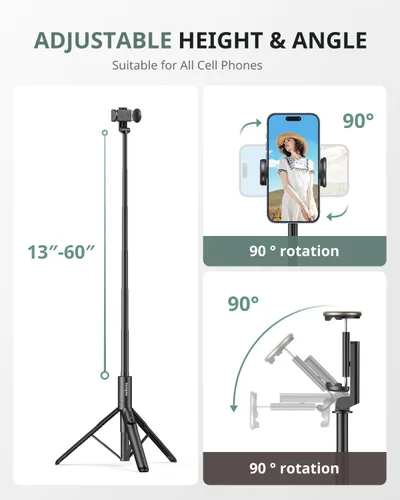 Vista 5 de Sensyne Trípode para teléfono de 60" - Palo para selfies, Trípode ligero todo en uno para teléfono integrado con control remoto inalámbrico