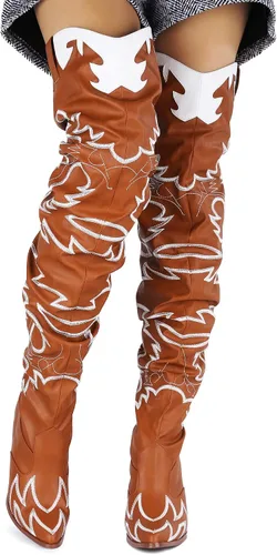 Vista 3 de Cape Robbin - Botas vaqueras para mujer Kelsey-21 botas vaqueras occidentales sobre la rodilla con tacones gruesos en bloque botas de vestir de moda