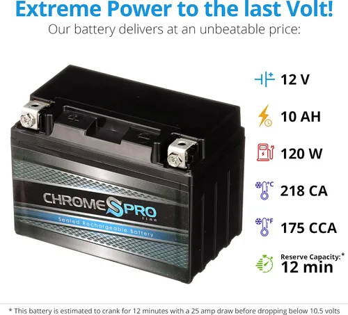 Vista 3 de Chrome S Pro YTX12A-BS Reemplazo de batería de 12V 10Ah sin mantenimiento para ATV, motocicleta, motos acuáticas, scooter, UTV y más, terminal