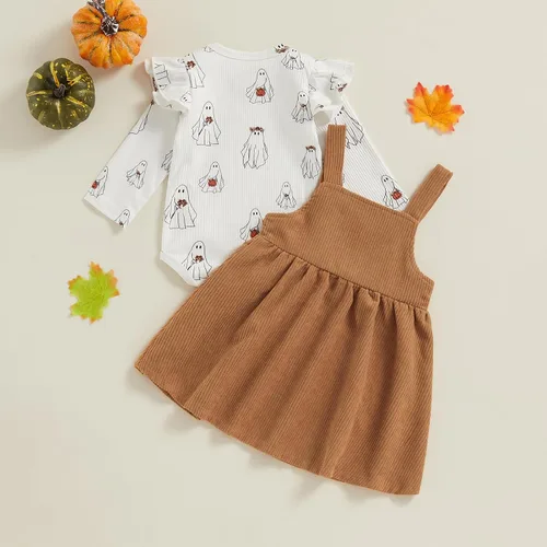 Vista 7 de Mandizy Ropa de bebé de Halloween para niña, conjunto de falda con tirantes de calabaza, fantasma, manga larga, mameluco de pana, vestido de overol