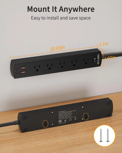 Vista 6 de DEPOW Regleta de Enchufes Negra con Protector contra Sobretensiones, Cable de Extensión Ultra Delgado de 5 Pies con Enchufe Plano, 1700 Julios, 5
