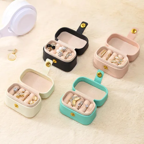 Vista 8 de Mini caja de almacenamiento de anillos, organizador de joyas, pequeña caja de joyería portátil, práctico regalo de viaje para mujeres, rosa
