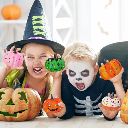 Vista 4 de Winlyn 8 juegos de pintura de calabaza de 4 pulgadas, manualidades de otoño, pintar tus propias calabazas de Halloween, calabazas de espuma blanca