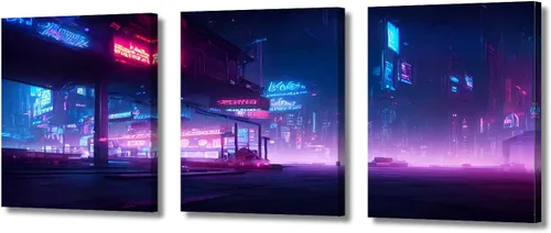 Vista 23 de Cuadros de 3 paneles de Cyberpunk City - Arte de pared de vallas publicitarias de edificios modernos en la capital con obras de arte modernas
