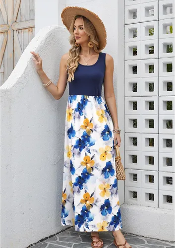 Vista 3 de Bluetime Vestido largo de verano para mujer, estilo bohemio, sin mangas, estampado floral (S-3XL)