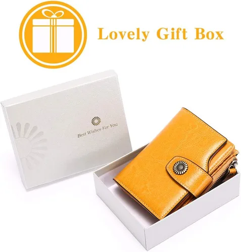 Vista 7 de FALAN MULE Cartera pequeña para mujer, de piel, plegable, compacta, pequeña, con bloqueo RFID, amarillo, antiguo (Antique Yellow), Cartera Rfid