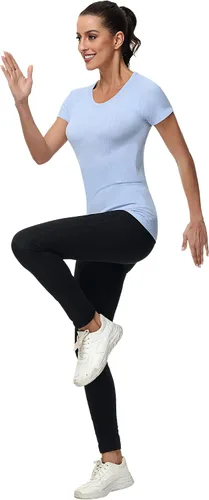 Vista 8 de Locoowai 3 piezas de camisetas de entrenamiento para mujer, camisetas de entrenamiento de manga corta sin costuras, camisetas de entrenamiento