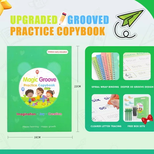 Vista 2 de BYFWH Magic Groove - Cuaderno de práctica para niños, libro de práctica de escritura reutilizable, juego de libros de escritura a mano ranurados