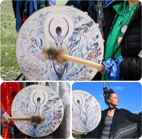 Vista 2 de Paquete de 2 tambores de música, tambor de chamán siberiano con baqueta, sanador de sonido espiritual, madre de la vida