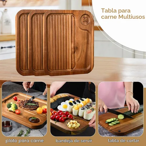 Vista 4 de Platos de bistec de madera de acacia, tabla de cortar carnívora para comer, plato de carne tallado de madera, bandeja para servir alimentos, tabla
