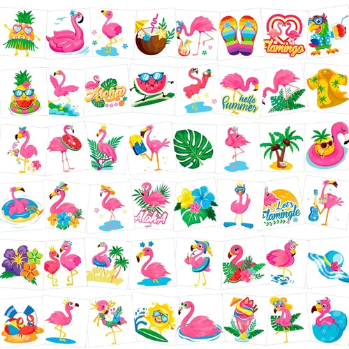 Vista 2 de HOWAF 96 tatuajes temporales de flamenco de verano para niños, suministros de fiesta de flamenco, tatuajes para niñas, decoraciones de fiesta