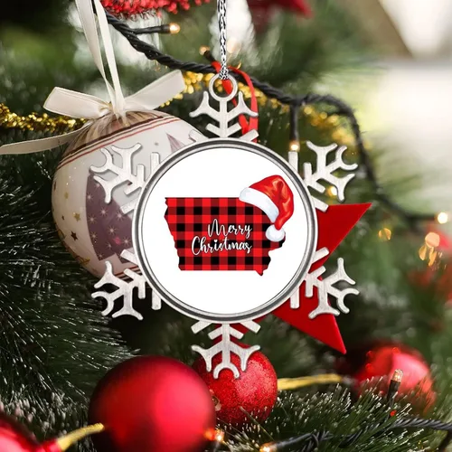 Vista 4 de Iowa - Adornos de copo de nieve de búfalo a cuadros, sombrero de Navidad, adornos de Navidad personalizados 2022, adornos de estado del hogar