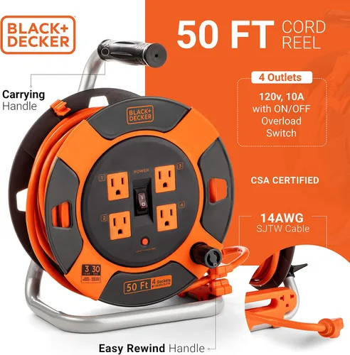 Vista 3 de BLACK+DECKER Carrete de cable de extensión retráctil de 50 pies con 4 tomas, extensión de enchufe múltiple, rebobinado de fácil mango y cable SJTW