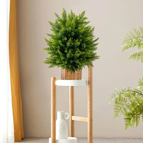 Vista 9 de Goplus Árbol de bola de cedro artificial de 21.5 pulgadas, juego de 2 plantas artificiales en maceta, arbustos artificiales con maceta de cemento