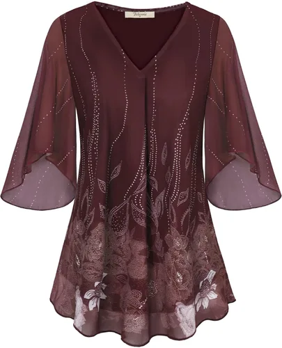 Vista 4 de Bebonnie Blusas holgadas de malla floral con cuello en V y mangas acampanadas para mujer